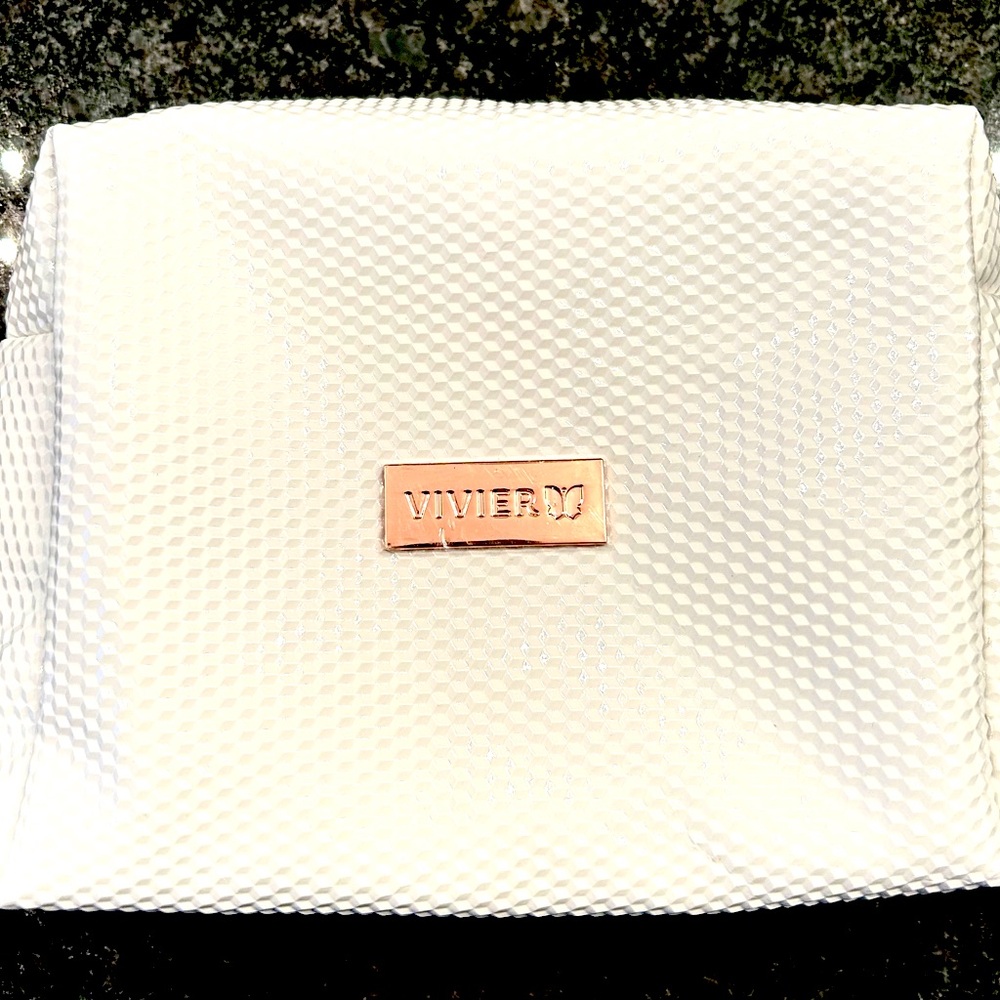 NEW! Vivier Large Textured White Cosmetic Bag with Rose Gold Logo and Zip Charm